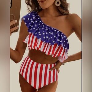 NWOT VIMPUNEC Ruffle One Shoulder Swimsuit High Waisted Two Piece Bathing Suit